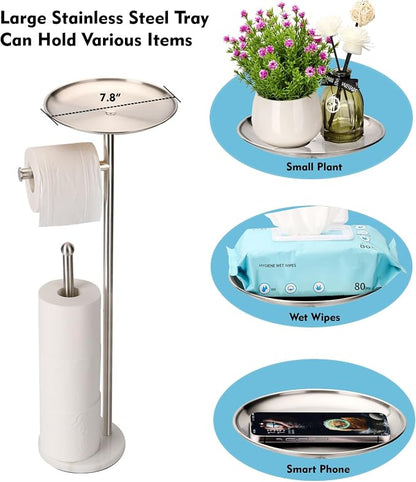 Noonext Toilet Paper Holder Stand with Shelf, Freestanding Toilet Paper Holder, Heavy Marble Base No Tipping Over (Brushed Nickel)