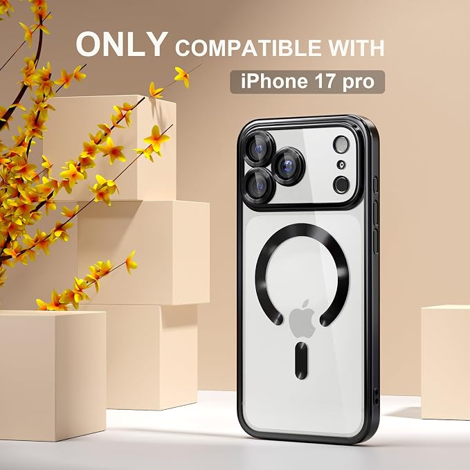 Misea Magnetic for iPhone 17 Pro Case Compatible with MagSafe [Never Yellowing] [Military Grade Drop Protection] Full Camera Lens Protector Plating Soft Clear Phone Case for Women, Black