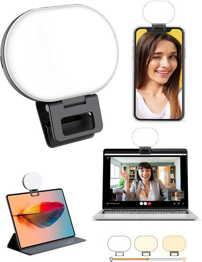 Portable Selfie Light Rechargeable 2000mAh 2700-6500K, Phone Light with Silicon Clip Type-C, 3 Color Modes for Phones Cameras Laptops iPads Perfect for Makeup Video Calls TikTok & Vlogs