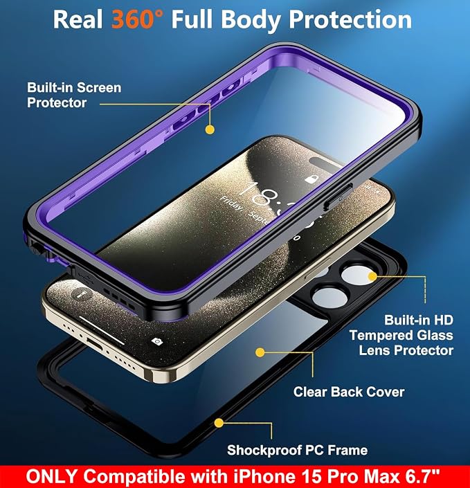 SPIDERCASE Only Designed for iPhone 15 Pro Max Case Waterproof, Built-in Lens & Screen Protector, Full Heavy Duty Protection, 12FT Military Shockproof, Dustproof, Anti-Scratched Phone Case, Purple
