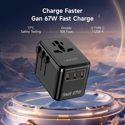 67W GaN Universal Travel Plug Adapter - International Power Adapter with 3 USB C & 1 USB A, Worldwide Power Outlet Travel Essentials for USA to European UK AUS Ireland, Type C/G/I/A (Black)