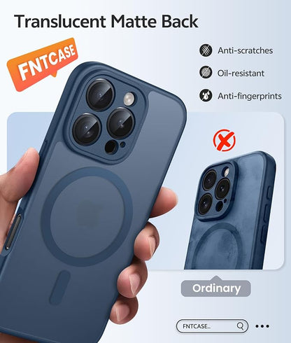 FNTCASE for iPhone 16 Pro Max Case: [Compatible with Magsafe] Translucent Matte Cases with [Full Camera Protection] [Screen Protector] Military Grade Shockproof Protective Phone Cover - Blue