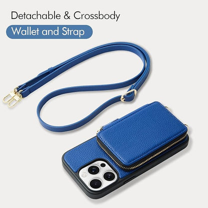 ZVE for iPhone 14 Pro Wallet Case, Zipper Phone Leather Cover with RFID Blocking Wrist Strap for Women Compatible with iPhone 14 Pro, 6.1"- Navy Blue