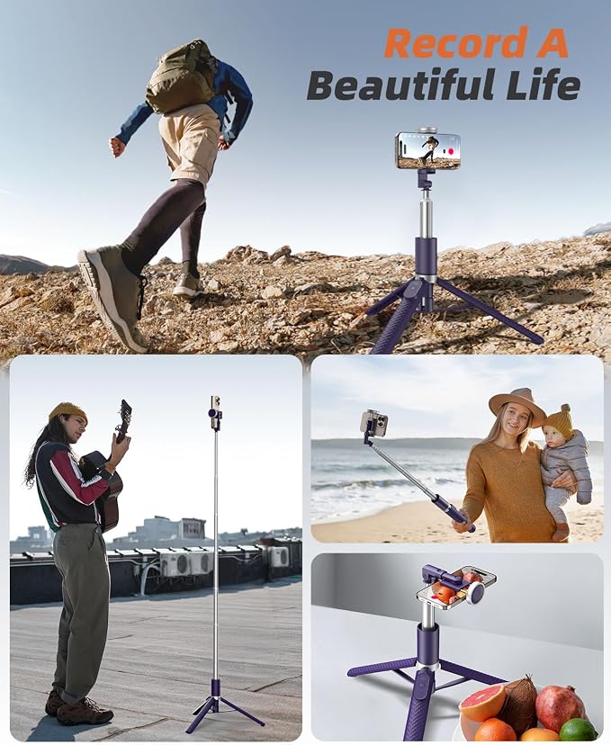 Phone Tripod & Selfie Stick with Remote, Portable, Lightweight for Video Recording Vlog, Extendable Travel Tripod Stand Compatible with iPhone Android, Purple, 62"