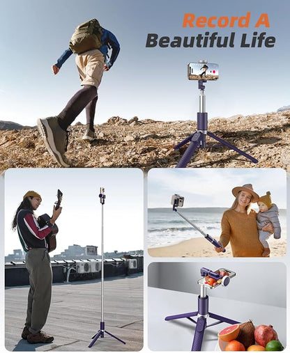 Phone Tripod & Selfie Stick with Remote, Portable, Lightweight for Video Recording Vlog, Extendable Travel Tripod Stand Compatible with iPhone Android, Purple, 62"