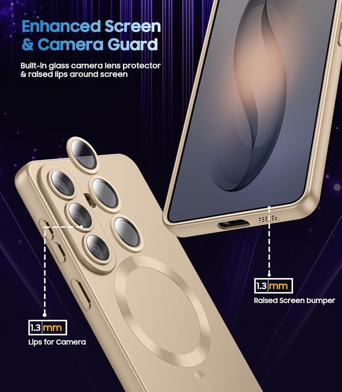 Magnetic for Samsung Galaxy S26 Case [Compatible with MagSafe][Built-in Camera Lens Protector] Slim Soft Silicone Bumper Shockproof Metallic Luster Phone Case, Gold