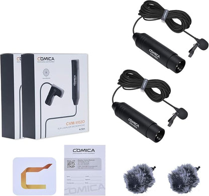 COMICA XLR Microphone CVM-V02O 2 Pack 14.76 fts Phantom Power Omni-Directional Lavalier Lapel Microphone for Canon Sony Panasonic Camcorders Zoom H4n H5 H6 Tascam DR-40 DR-60D DR-70D DR-100 Recorders