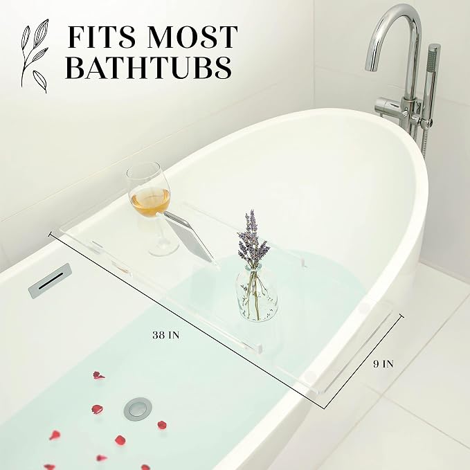 38" Supreme - Clear Acrylic Bathtub Tray Caddy Tub Shelf, Spa Board Luxury Bathroom Bath tub Table, Fits Across Bathtubs, Book, iPad and Wine Glass Holder (Supreme, 38")