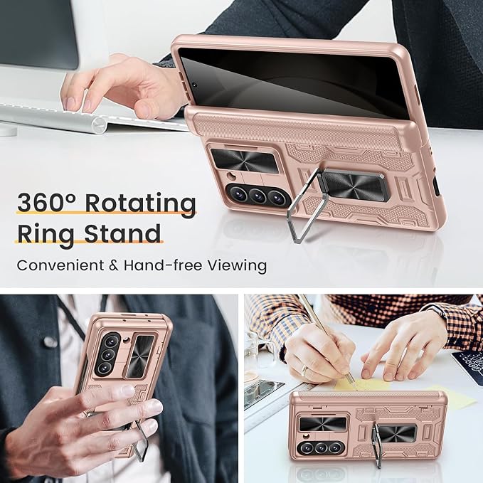 VEGO for Samsung Z Fold 5 Case with Privacy Screen Protector & Hinge Cover | Built-in Slide Camera Cover Military Grade Shockproof Hard PC Kickstand Phone Case for Galaxy Z Fold 5 2023-Rose Gold