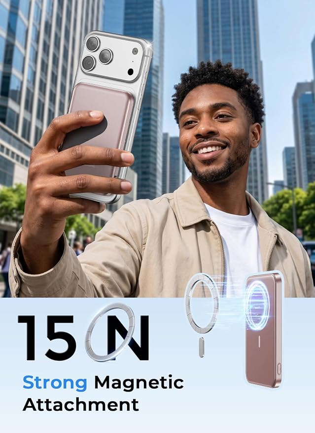Aobbow Magnetic Portable Charger, 50% Smaller & Slimmer 5000mAh Power Bank with LED Display, 15W Fast Charging Battery Pack, Travel Essential MagSafe Compatible Charger for iPhone 17/16/15 - Rose Gold