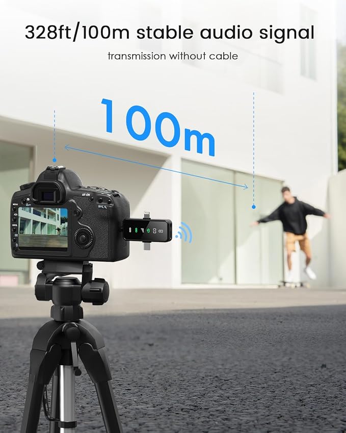 3-in-1 Compact Wireless Microphone for iPhone, Android, Camera with 20HR Battery, 328FT Range, Mini Microphone for Video Recording, Noise Canceling for Content Creators