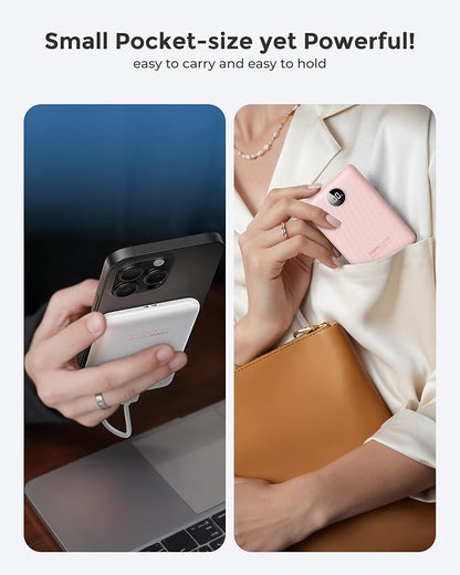 Portable Charger 10000mAh, Ultra Slim Power Bank Fast Charging with Attached USB C Cable, Travel Essential Phone Power Bank Battery Pack for iPhone 17/16/15/14 Samsung S25 Google etc, Pink