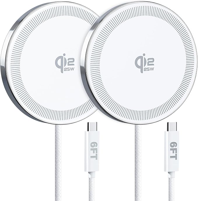 25W Wireless Charger for MagSafe, Qi2.2 Magnetic Fast Charging Pad for iPhone 17/16/15/14/13/12 Series & AirPods, Strong Magnet, Portable Wireless Charger for Travel Home Office (White, 2Pack(6FT))