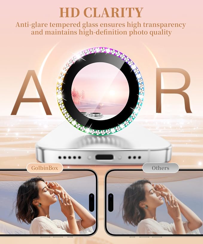 GolbinBox Camera Lens Protector for iPhone 17 Pro Max/17 Pro/16 Pro Max/16 Pro, 1:1 Invisible Fit, 9H Tempered Glass Ultra HD Metal Individual Camera Cover for Women, Case Friendly, Bling/Colorful
