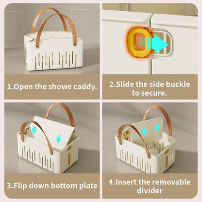 Portable Shower Caddy,Foldable Shower Caddy with Handle and Adjustable Divider,Plastic Shower Storage Basket,Quick Dry Bathroom Shower Organizer Bin for College,Dorm Room,Travel Essentials(Cream)