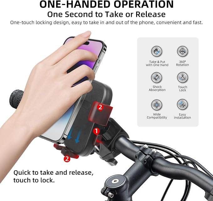 Motorcycle Phone Holder, Anti Shake Bicycle Phone Clamp for Road Ebike/Scooter/Stroller-One Hand Operation 360°Rotation,Bike Accessories Handlebar Clip Holder, Black 94003