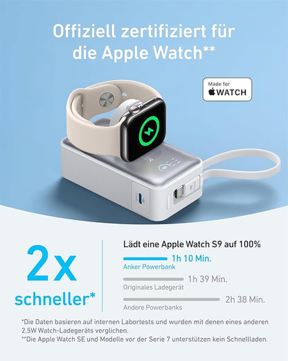 Anker MagGo Power Bank for Apple Watch, Officially Certified 10,000mAh Compact Battery Pack with Built-in USB-C Cable, 35W Max, for iPhone 15 Series, Samsung, iPad, AirPods, and More(White)