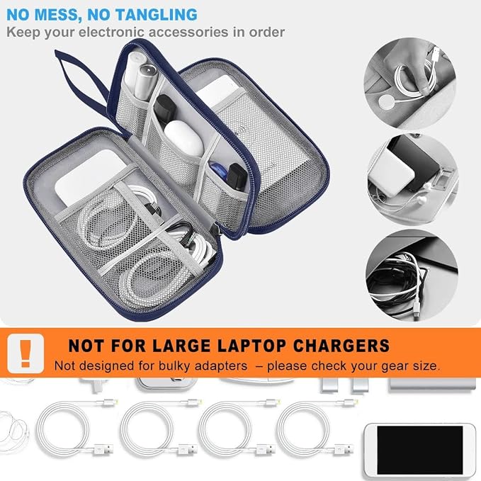 ZINMARK Portable Cable Organizer Case,Travel Pouch with Double-Layer Storage for Cables,Chargers,Earbuds & Phone,Dark Blue