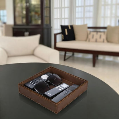 HofferRuffer Faux Leather Vanity Tray, Elegant Desktop Storage Organizer, Decorative Catchall for Perfume, Bathroom Valet, Nightstand or Dresser, 8 x 8 x 1.8 inches (Brown)