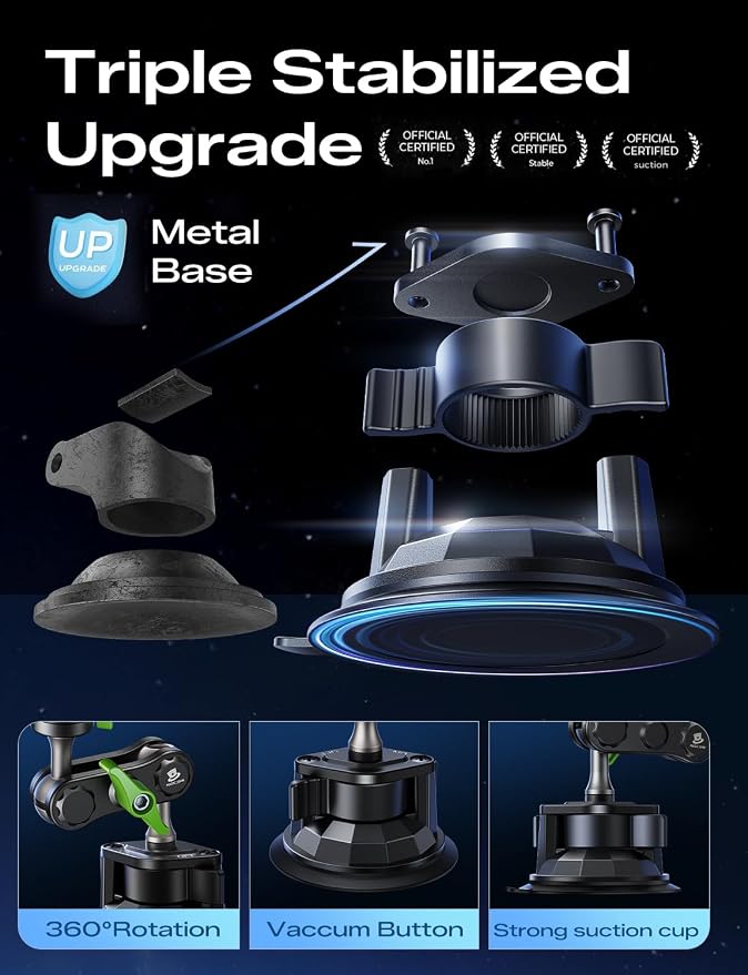 MAGIC JOHN Car Phone Holder, Ultra-Durable Mteal Phone Holders for Your Car, 360° Rotation Cell Phone Car Mount for Windshield, Suction Cup Car Phone Mount for iPhone Samsung All Smartphone