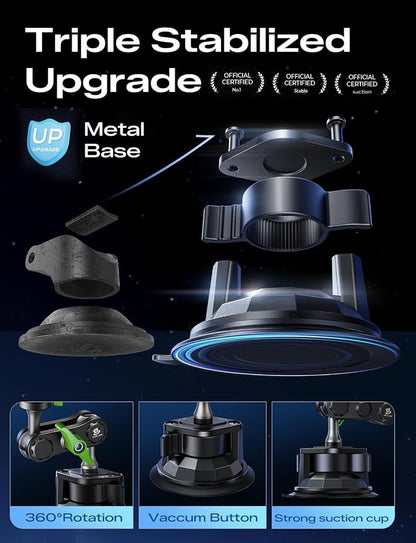 MAGIC JOHN Car Phone Holder, Ultra-Durable Mteal Phone Holders for Your Car, 360° Rotation Cell Phone Car Mount for Windshield, Suction Cup Car Phone Mount for iPhone Samsung All Smartphone