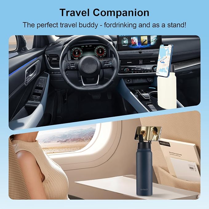 Insulated Water Bottle with Magnetic Phone Holder Compatible with MagSafe and iPhone,Double-Sided Magnet,Hot 12H Cold 24H,Stainless Steel Water Bottle Phone Mount for Sports Travel,27oz (Navy Blue)