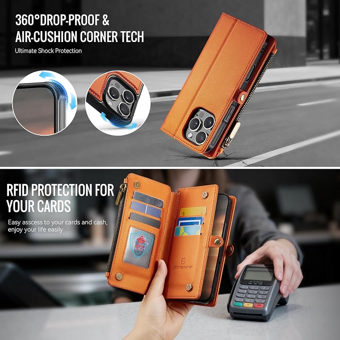 Strapurs for iPhone 16 Pro Max Detachable Wallet Case Compatible with Magsafe, RFID Blocking 9-Card Holder Zipper Strap Lanyard PU Leather Magnetic Phone Case for iPhone 16 Pro Max 6.9", Orange