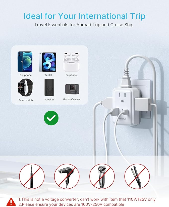2 Pack European Travel Plug Adapter, VINTAR Europe Adaptor with 4 AC Outlets 3 USB Ports(2 USB C), Type C International Power Adapter for US to Most of Europe EU Italy Spain France Germany Iceland