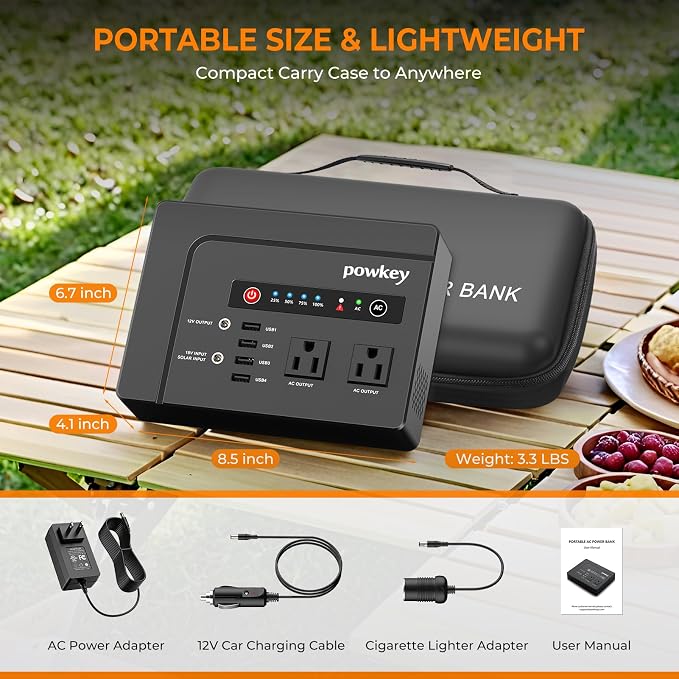 powkey Portable Power Station 200W, 146Wh Portable Solar Generator Battery Pack with 2 Pure Sine Wave AC Outlets/4 USB A/1 DC Port, Lithium Battery Backup Power Supply for Camping Travel Outdoor Home