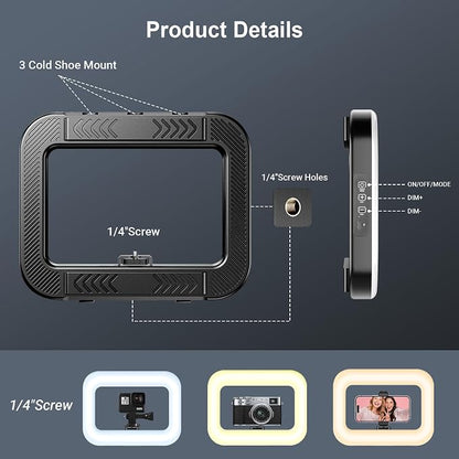 Smartphone Video Rig with Rechargeable Light, Handheld Ring Light for Phone, Phone Stabilizer for Video Recording, Camera, Selfie, Make up, Photography, with 3600mAh Build-in Battery