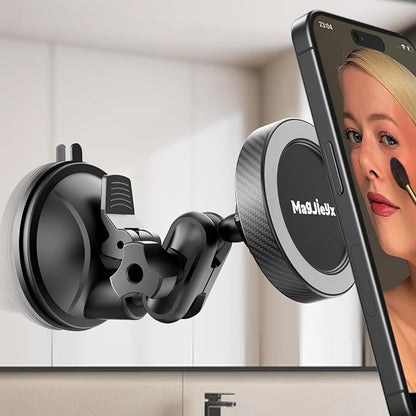 MAGJIEYX Magnetic Suction Cup Phone Holder, Car Phone Mount for Wall/Mirror, Portable Stand for Your Car/Gym/Kitchen/Bathroom/Makeup, Compatible with iPhone 16/15/14/13/12/Mag Safe Case & Android
