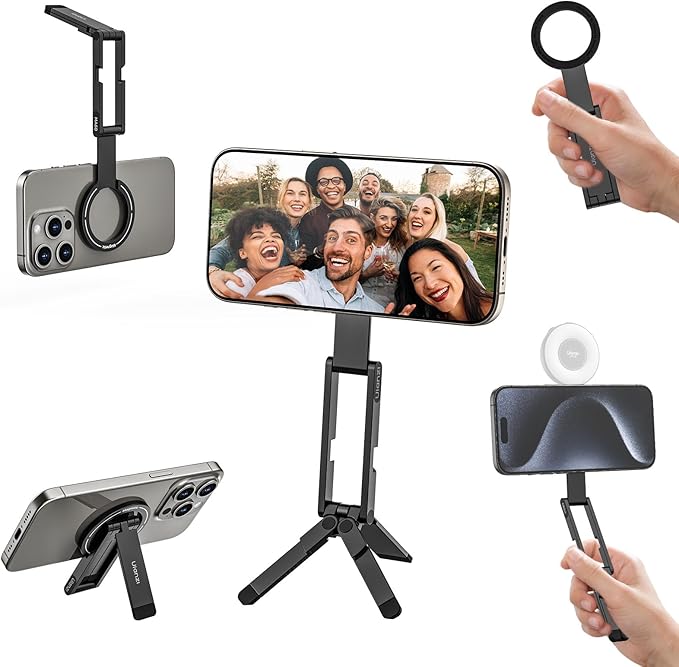 ULANZI MA60 Magnetic Phone Tripod Stand for iPhone - Aluminium Smartphone Mini Tripod Pocket Cell Phone Stand N52 Strong Magnet Quick Mount Compatible with iPhone17 16 15 14 13 12 Series, Black