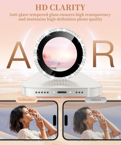 GolbinBox Camera Lens Protector for iPhone 14/14 Plus, 1:1 Invisible Fit, 9H Tempered Glass Ultra HD Metal Individual Camera Cover for Women, Case Friendly, Bling/Silver