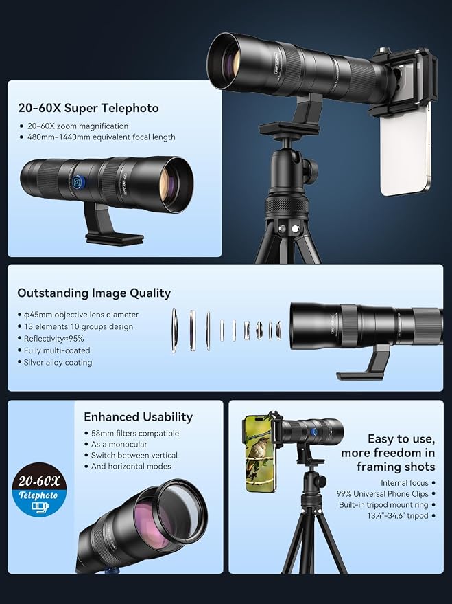 MIAO LAB 20-60X Zoom Telephoto Lens for Smartphones | High-Power Phone Lens Kit with Tripod & Universal Clip | Compatible with iPhone 17/16/15/14/13 Series, Samsung & Android Devices