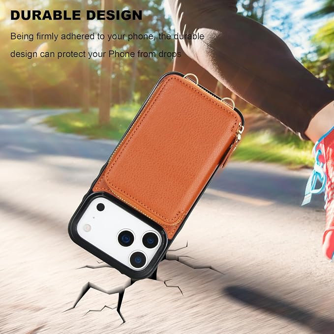 Bocasal Crossbody Wallet Case for iPhone 17 Pro Max, RFID Blocking Leather Purse Case with Card Holder, Protective Handbag Flip Cover with Zipper Wrist Strap Lanyard for Women 5G 6.9 Inch (Brown)