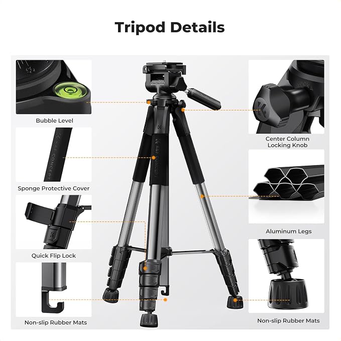K&F CONCEPT Camera Tripod, 75" Lightweight Portable Travel Outdoor DSLR Tripods for Camera Phone Video Recording Tripod Stand, Cellphone Clip for Smartphone Live Streaming Vlog, Dark Grey