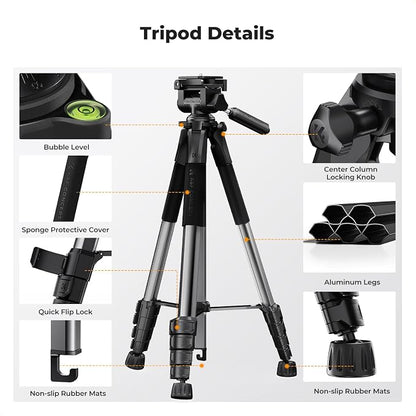 K&F CONCEPT Camera Tripod, 75" Lightweight Portable Travel Outdoor DSLR Tripods for Camera Phone Video Recording Tripod Stand, Cellphone Clip for Smartphone Live Streaming Vlog, Dark Grey