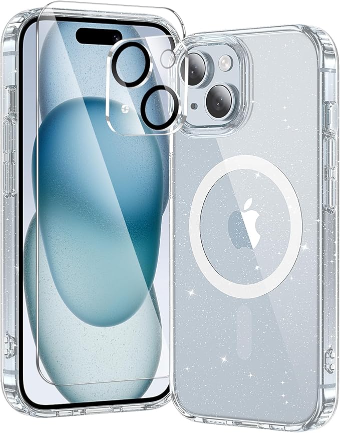 3 in 1 for iPhone 15 Plus Case Clear with MagSafe, Not Yellowing, Screen Protector*1 Camera Lens Protector*1, Military-Grade Protection for iPhone 15 Plus Phone Case 6.7 inch Clear Glitter