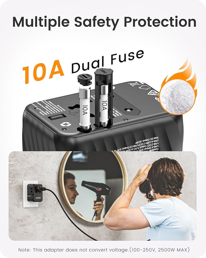 LENCENT Universal Travel Power Adapter, 30W International Wall Charger | with USB C Fast Charging, Worldwide Plug Adaptor Travel Essentials for US to EU UK Ireland Australia Type C/G/A/I Black