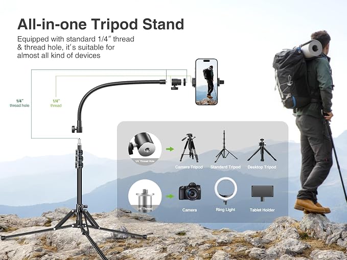 elitehood 6.8 Feet Tall Phone Stand Tripod, Aluminum iPhone Tripod [Lightweight & Ultra Stable], Adjustable Phone Recording Stand Compatible with iPhone 15 Pro Max/15 Pro/14 13, Android Cell Phone