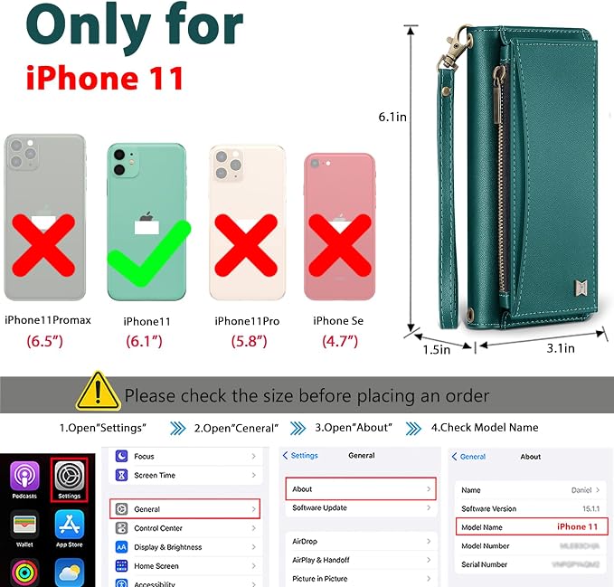 Wallet Case for iPhone 11 with Card Holder/Crossbody Wallet/Strap| RFID Blocking | Magnetic | Kickstand | Detachable | PU Leather Phone Case for iPhone 11,6.1 in,Green