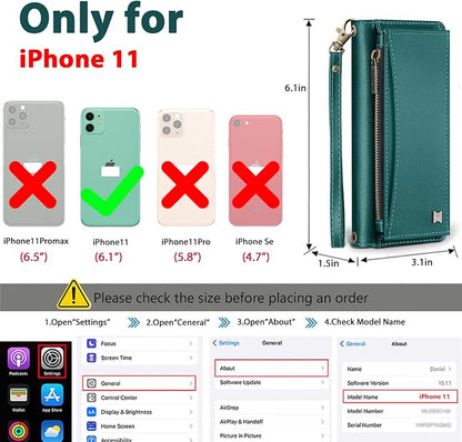 Wallet Case for iPhone 11 with Card Holder/Crossbody Wallet/Strap| RFID Blocking | Magnetic | Kickstand | Detachable | PU Leather Phone Case for iPhone 11,6.1 in,Green