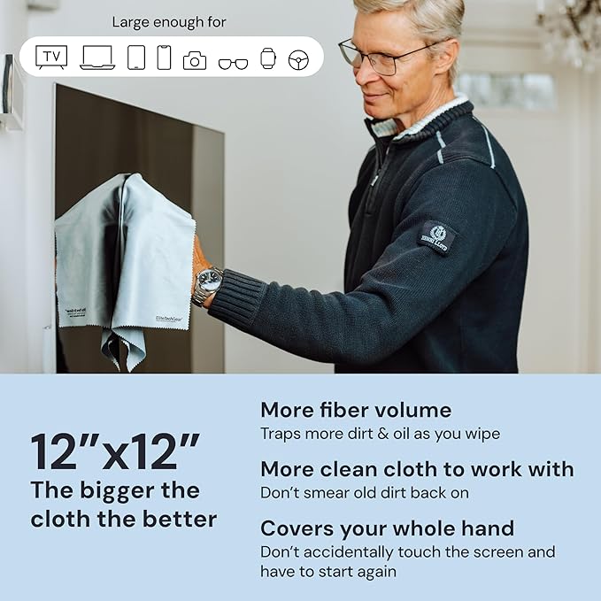 Elite Screens Microfiber Cleaning Cloth - 12" x 12", Blue, 8-Pack - Oversized for Lens Coverage & Glasses Wipes - Scratch-Free Electronic Cleaning Cloth for Screens