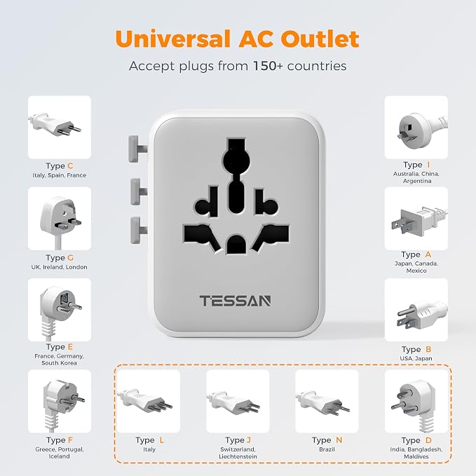TESSAN Universal Travel Adapter, Power Adapter Worldwide | Extra 2 Prong AC Outlet, 4 USB Ports (2 USB C), US to Europe Italy UK Australia Ireland, Type C G A I