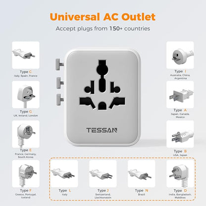 TESSAN Universal Travel Adapter, Power Adapter Worldwide | Extra 2 Prong AC Outlet, 4 USB Ports (2 USB C), US to Europe Italy UK Australia Ireland, Type C G A I