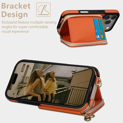 Keallce Case for iPhone 17 Pro 6.3'' Case Wallet, Crossbody Zipper Purse with RFID Blocking Card Slots Kickstand, Lanyard & Handstrap Flip Folio Leather Phone Cover for iPhone 17 Pro, Orange
