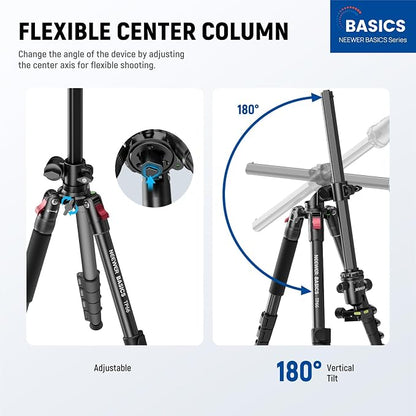 NEEWER Basics 64.5" Horizontal Overhead Tripod Monopod for Dual Camera Aluminum Travel DSLR Camcorder Stand with Cell Phone Holder Compatible with iPhone for Video Recording, 22lb/10kg Load, TP66