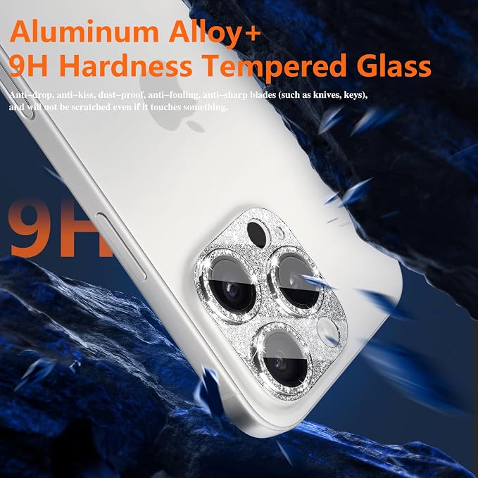 Camera Lens Protector for iPhone 16 Pro/iPhone 16 Pro Max, Glitter Camera Cover with 9H Tempered Glass Metal Ring, Camera Protector for iPhone 16 Pro/iPhone 16 Pro Max (Glitter - Silver)