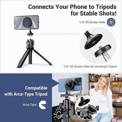 Magnetic Phone Tripod Mount Adapter with Arca Base &1/4" Screw Hole Compatible with MagSafe, 60° Tilt iPhone Tripod Holder for iPhone 17 16 15 14 13 12 Pro Max Plus, Selfie Stick Tripod Arca Ball Head