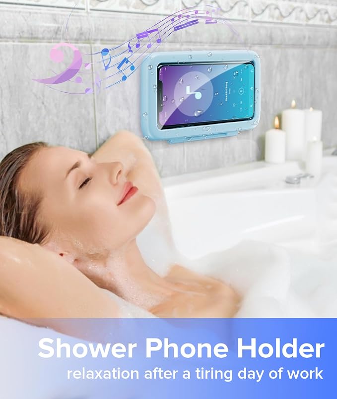 LC-dolida Shower Phone Holder Waterproof Gift for Men Women Universal Phone Stand Case Bathroom Wall Mount for iPhone 17 16 15 14 13 12 Pro Max XS XR up to 6.8" (Sky Blue)